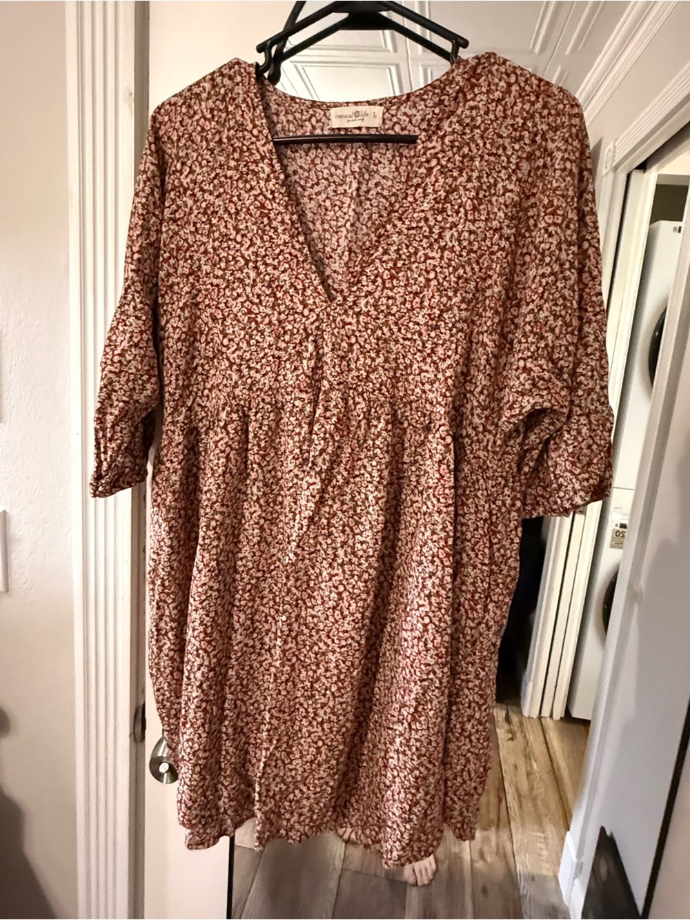 Natural Life V-Neck Floral Tunic Dress Red with Tiny White Flowers
